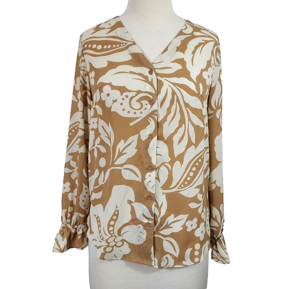 T Tahari Shirt Top Womens Size Small Button Up Long Bell Sleeves Brown White